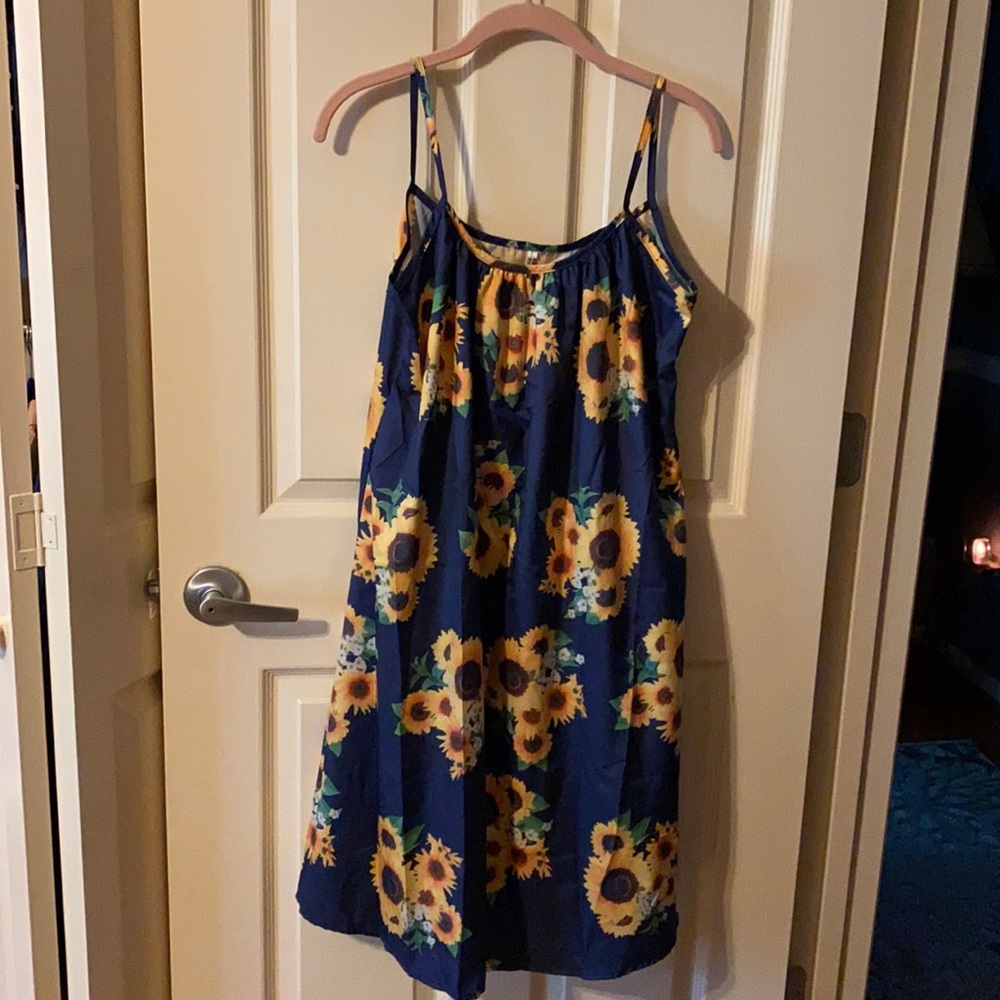 Sunflower Print Navy Spaghetti-Strap Dress